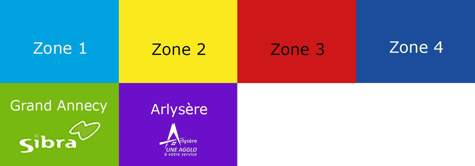 Zone 1 : Bleu Clair, Zone 2 : Jaune Zone 3 : Rouge Zone 4 : Bleu foncé Zone Grand Annecy Sibra : Vert Zone Arlysère : Violet